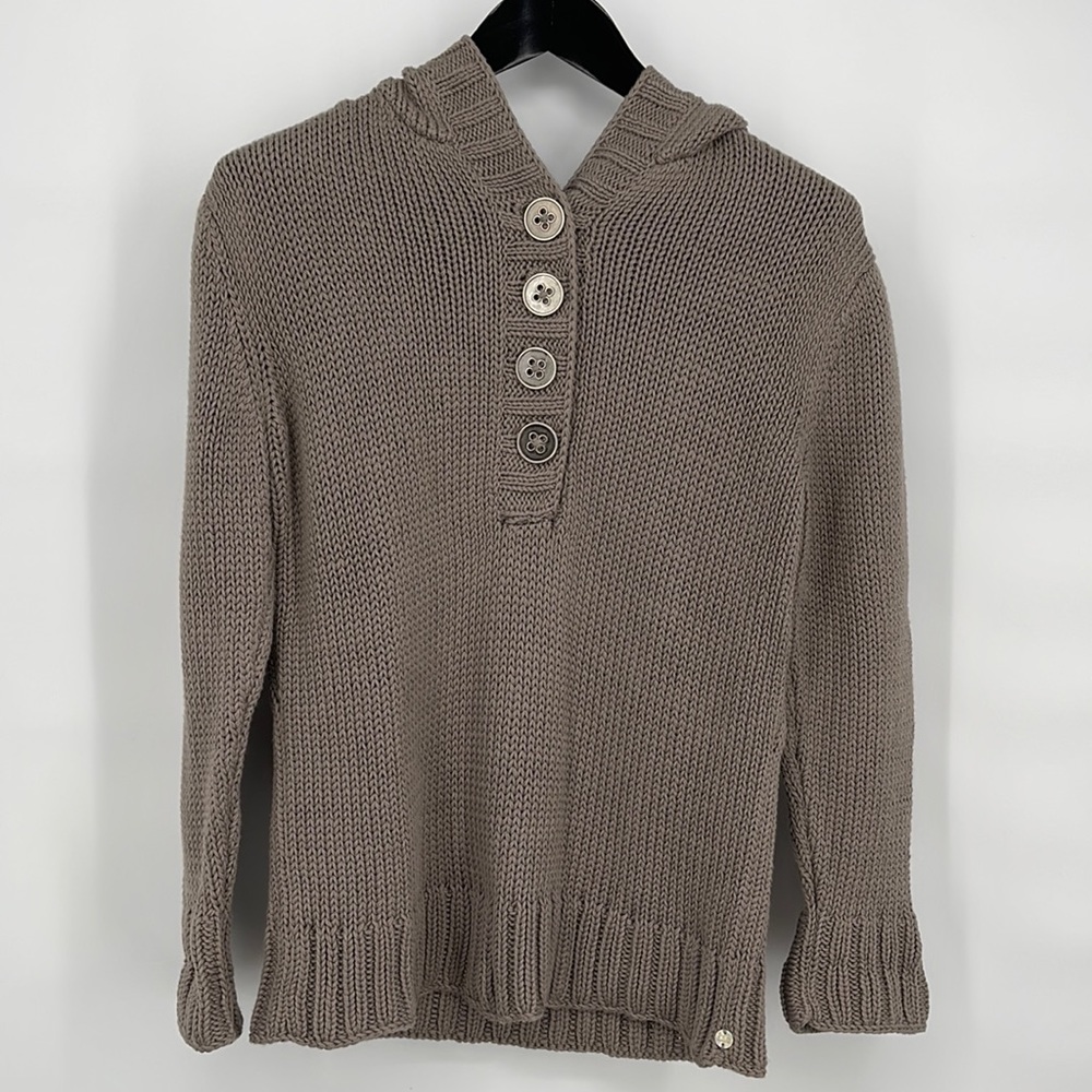 Pure Handknit Hoodie Sweater Size M / L Chunky Knit Cotton Metal Buttons Gray